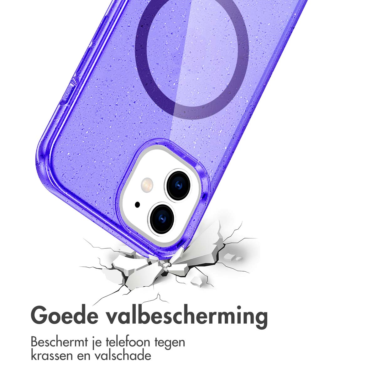 Una custodia per telefono viola con un cerchio trasparente. L'impatto è mostrato con crepe.