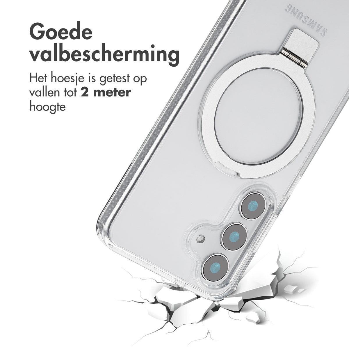 Een telefoonhoesje met een telefoon en een ringhouder. De telefoon valt op de grond met de ringhouder uitgeschoven.