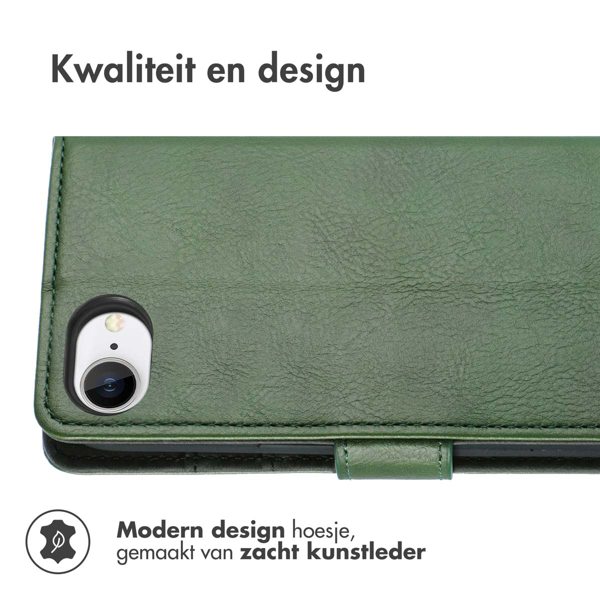 Groene telefoonhoes, gesloten, op een wit oppervlak. Tekst bovenaan: 'Kwaliteit en design'.