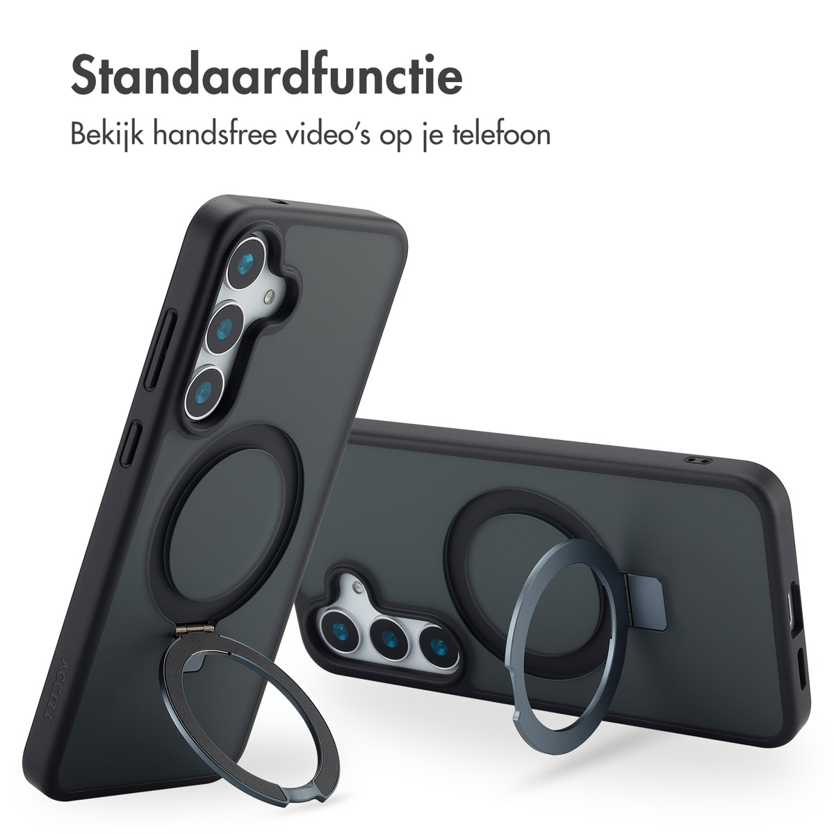 Deux coques sombres, une avec un support en anneau. Le support permet de regarder des vidéos mains libres.