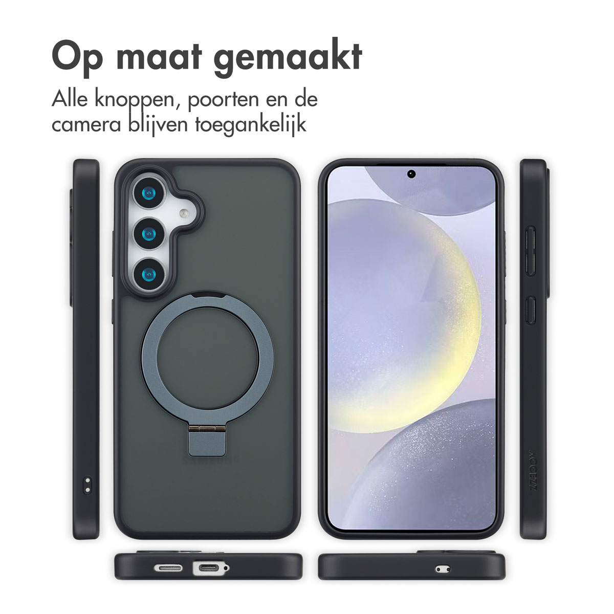 Une coque de téléphone avec un support en anneau, montrant les ports et les boutons du téléphone sous angles.