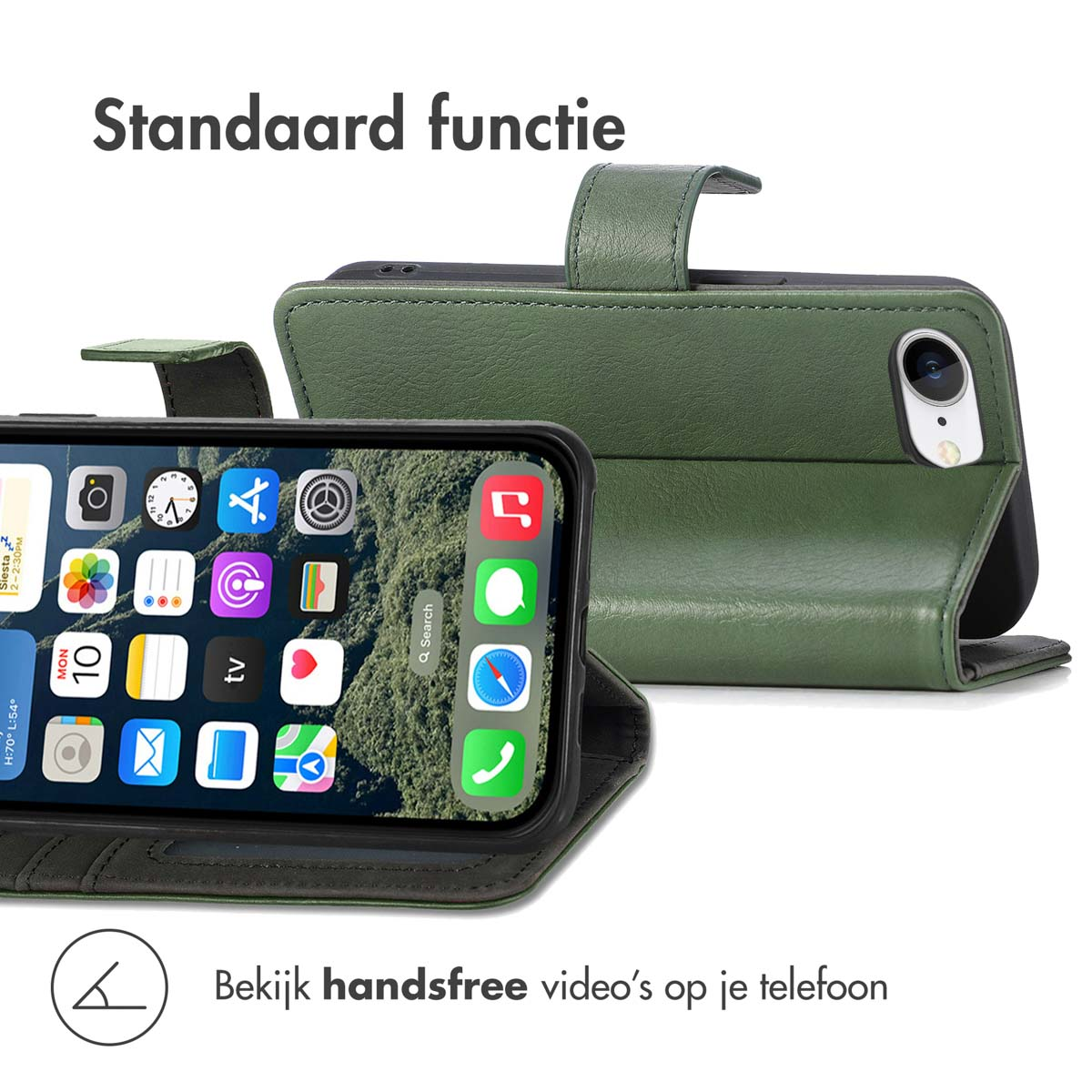 Een smartphone met een groen scherm in een groene hoes, met een tweede open hoes. Nederlandse tekst.