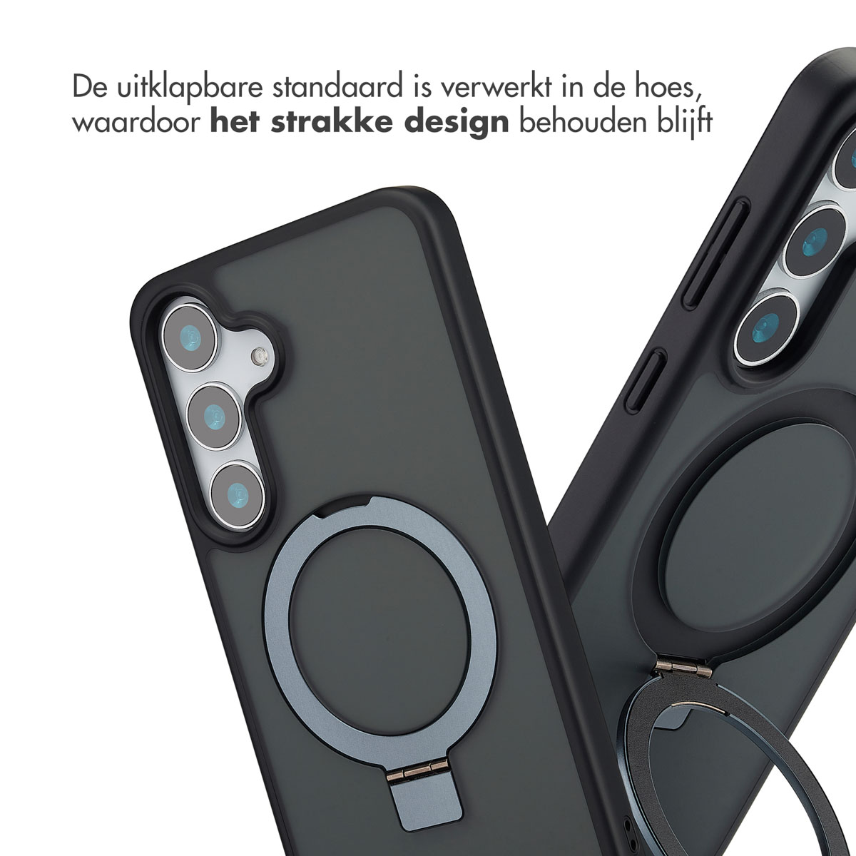 Coque de téléphone avec anneau magnétique, montrant l'anneau et le téléphone. Couleurs noir et gris.