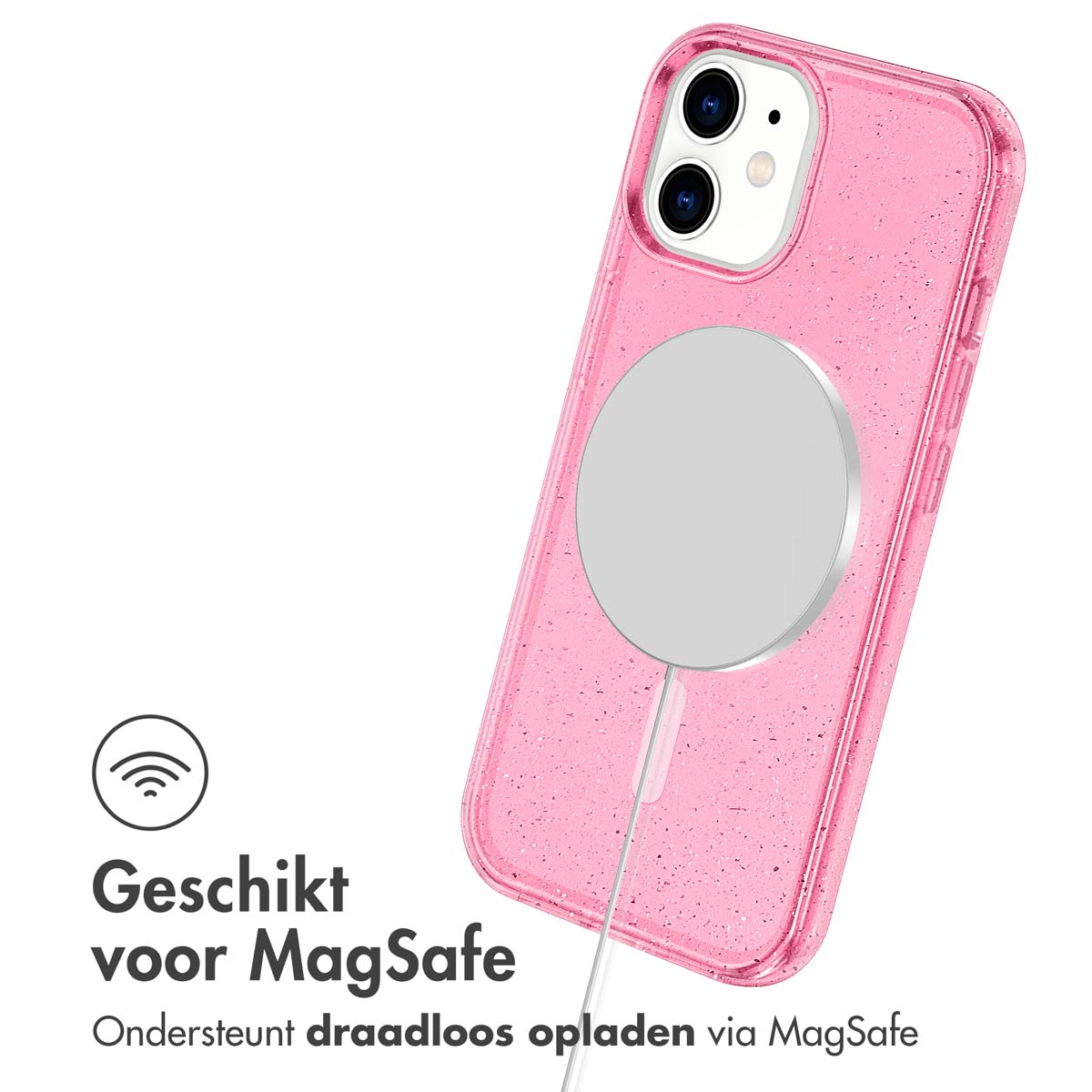 Custodia per telefono rosa glitterata con un cerchio argentato sopra. Il testo recita "Geechikt voor MagSafe" (Adatto per MagSafe).