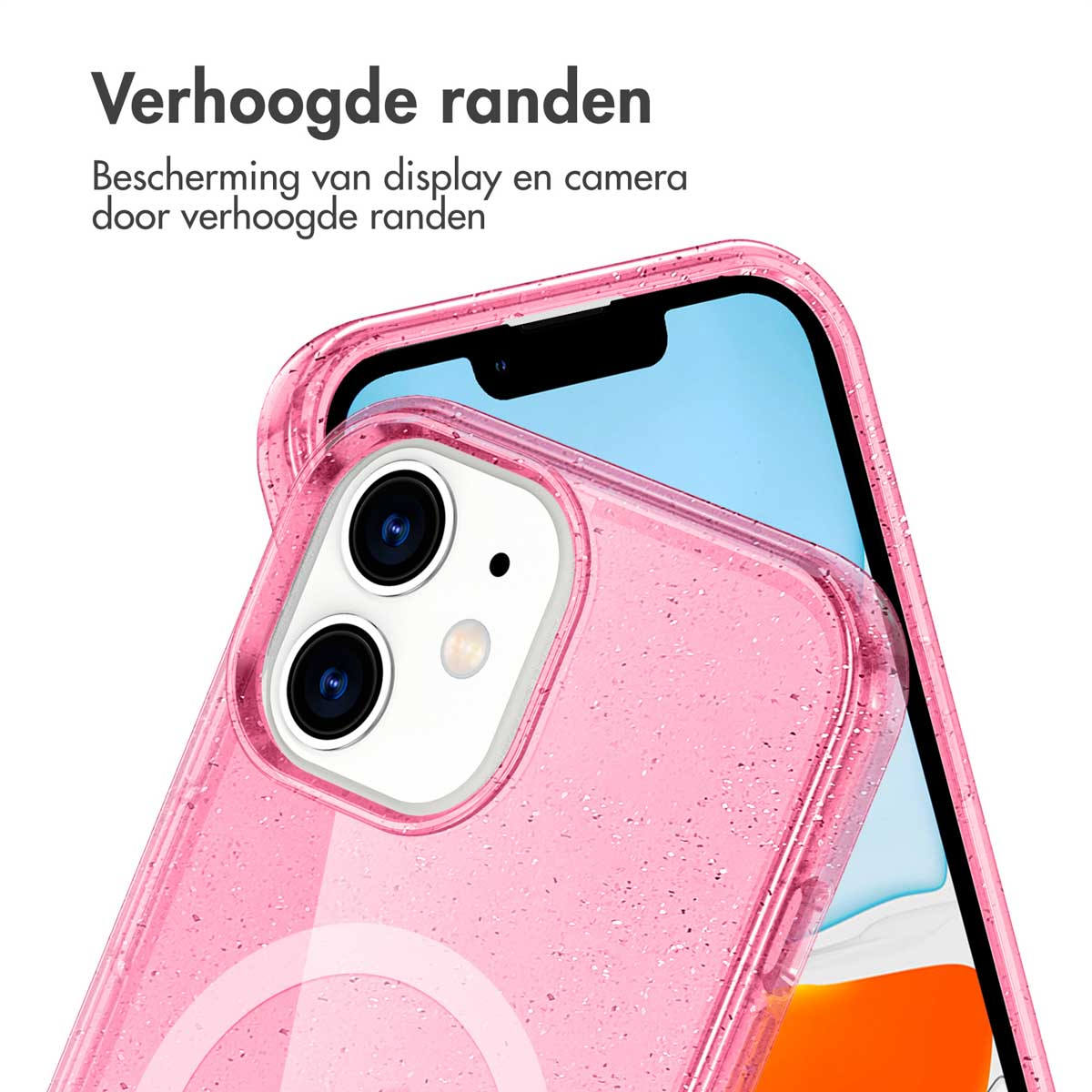 Una custodia rosa per telefono con un design trasparente e un telefono all'interno, che mostra i bordi.
