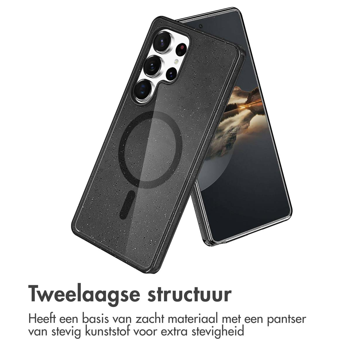 Telefoonhoesje met een ringhouder, zwart gespikkeld ontwerp. Nog een telefoon aan de zijkant.