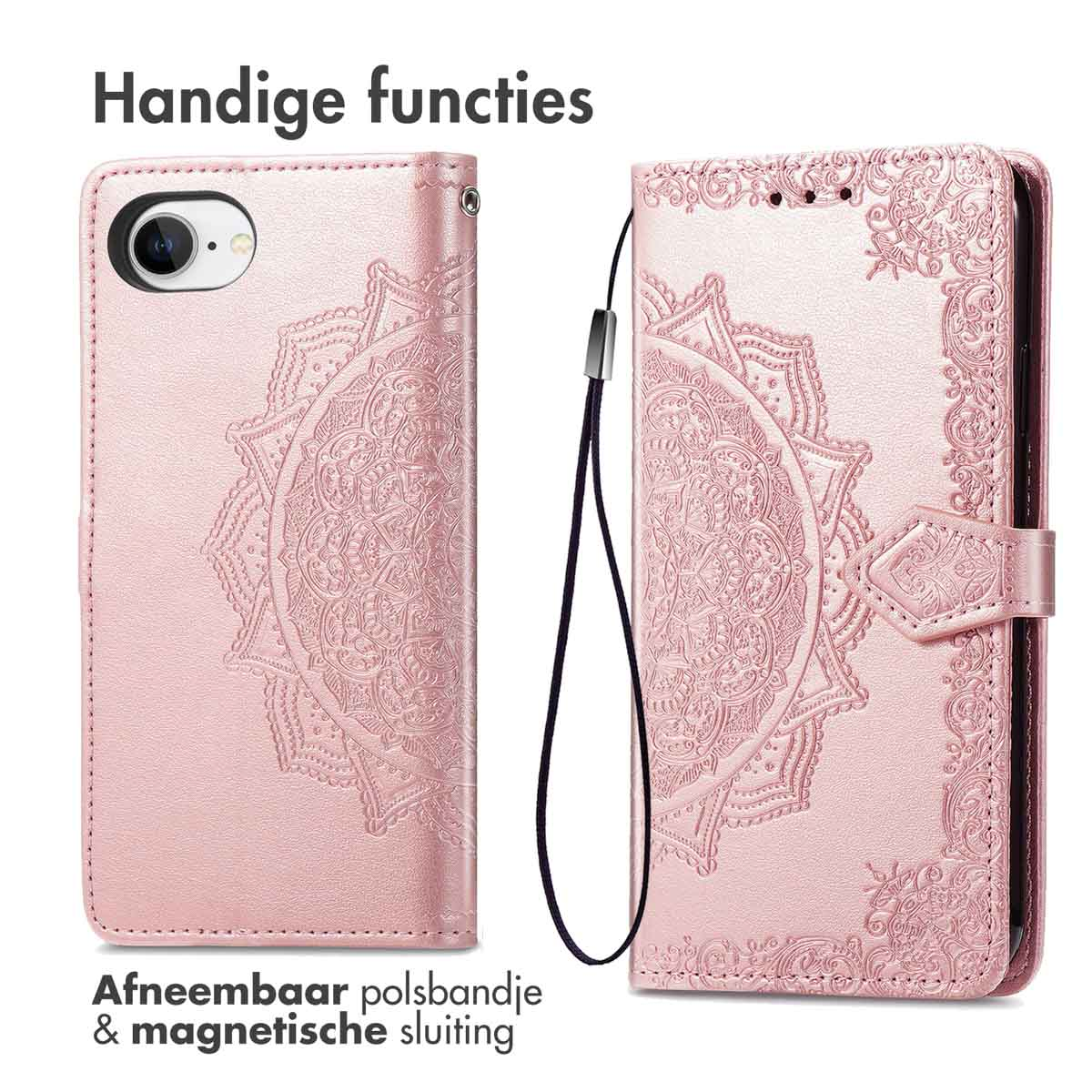 Custodia rosa per telefono a forma di libro, con motivo mandala e cinturino da polso.