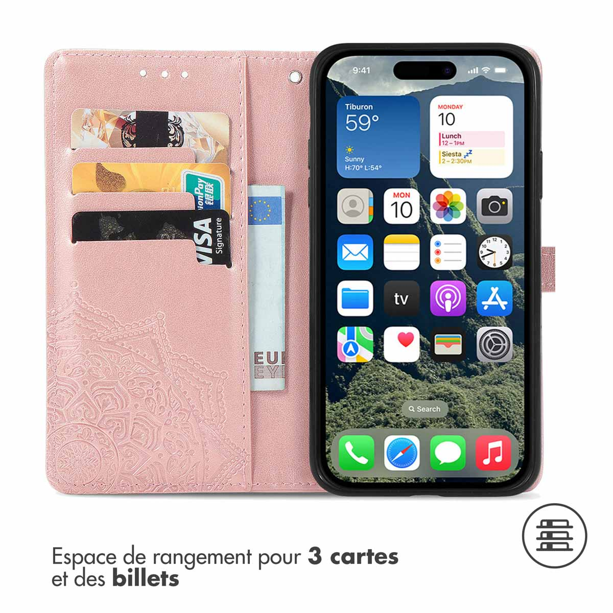 Custodia per telefono rosa con carte all'interno. Telefono con schermo sul lato destro.