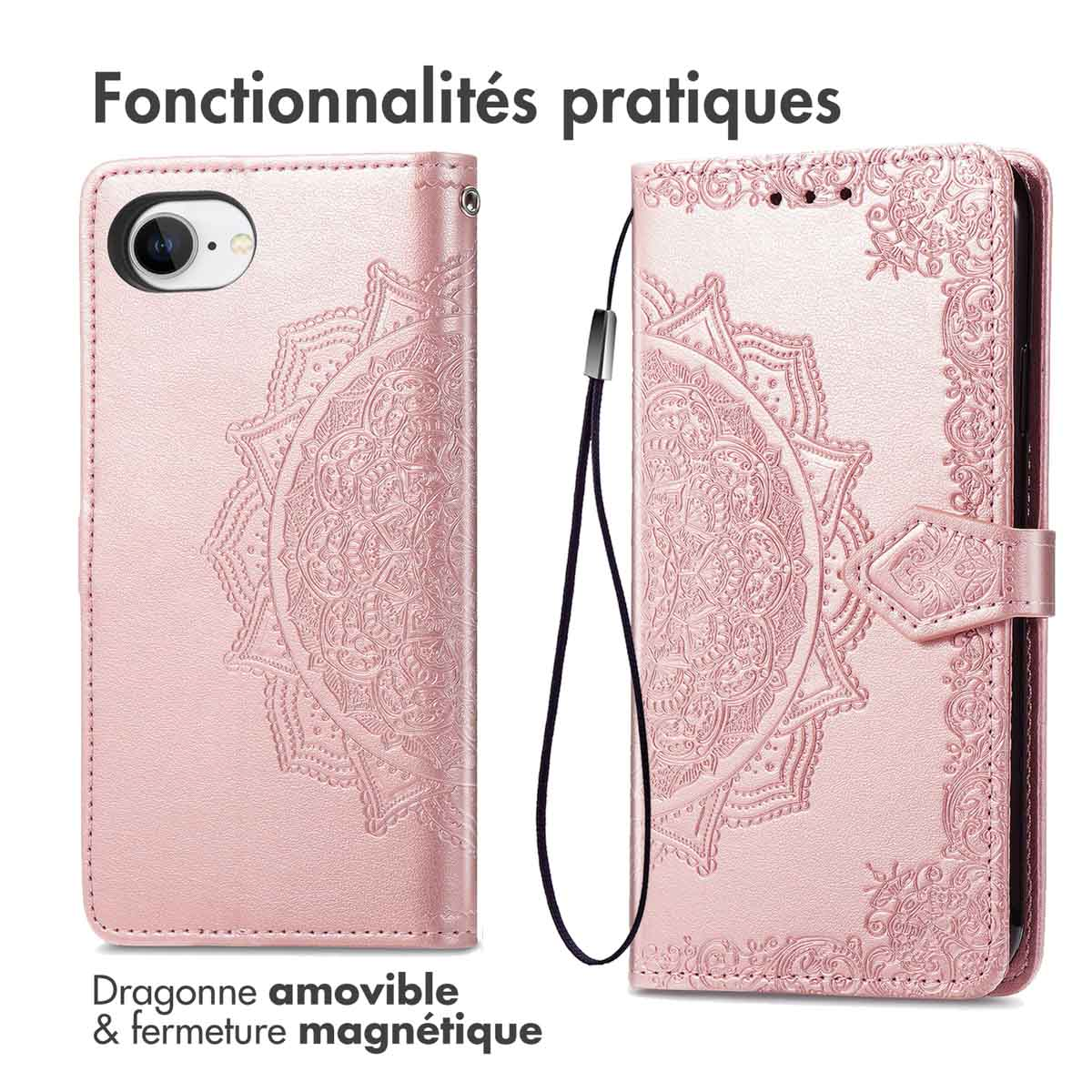 Una custodia per telefono rosa con design mandala, cinturino rimovibile e chiusura magnetica.