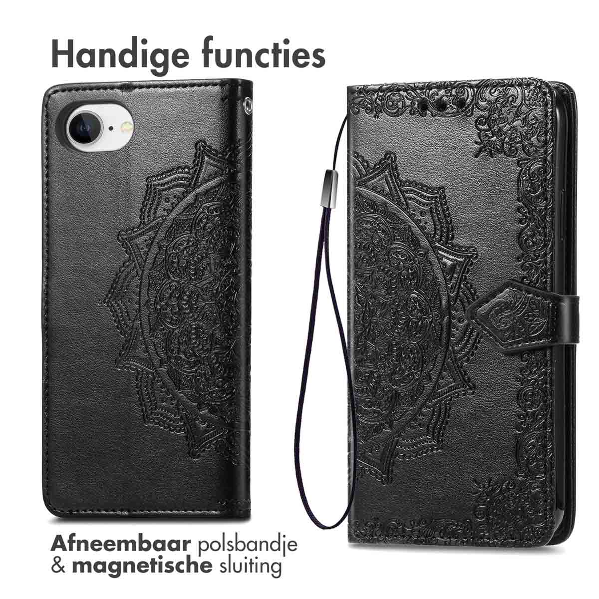 Un étui de téléphone noir avec un motif de mandala et une fermeture magnétique.