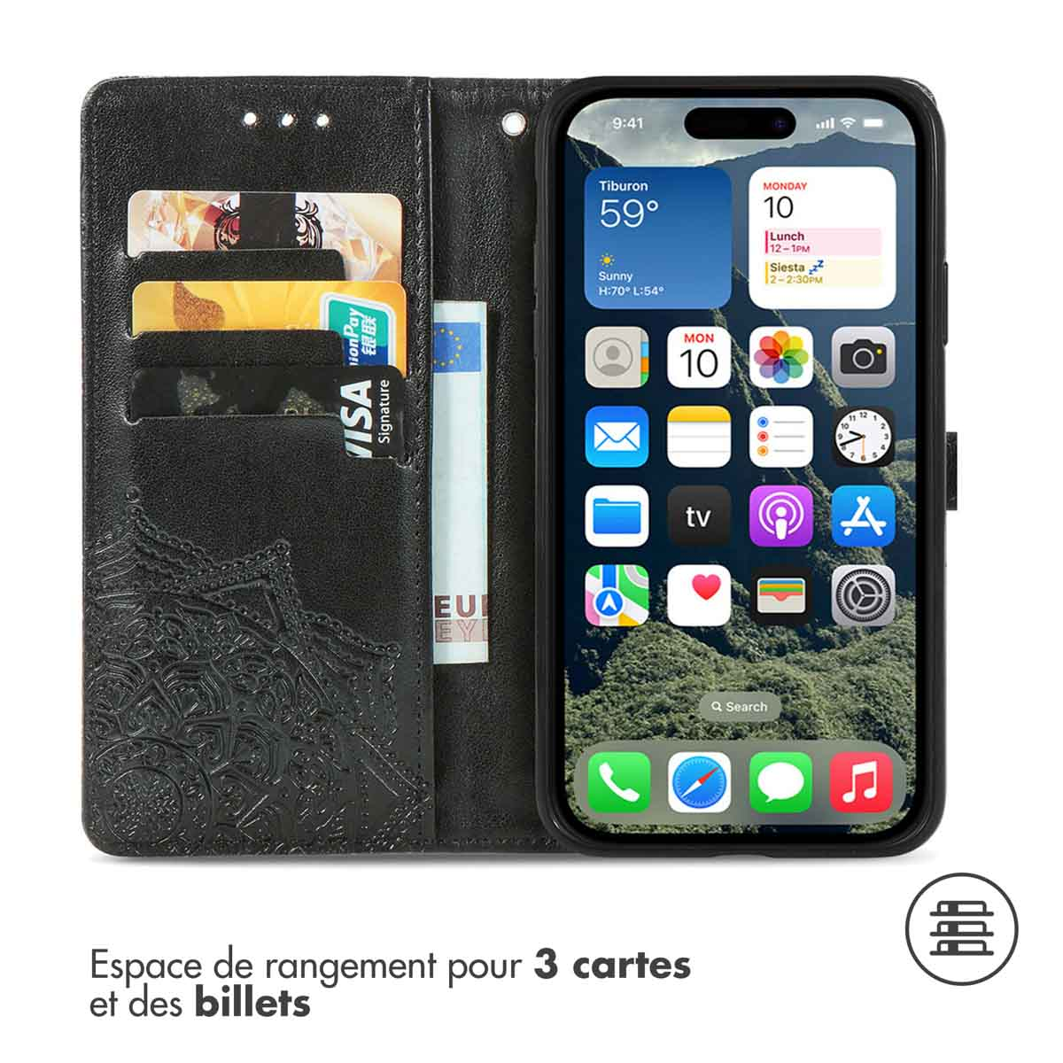 Étui de téléphone noir avec cartes et téléphone. Texte et icônes sur l'écran.