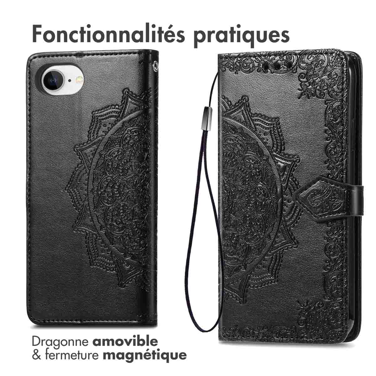 Deux étuis de téléphone en cuir noir. Un fermé avec une fermeture magnétique, l'autre ouvert montrant le design.