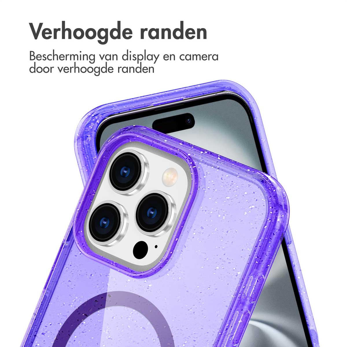 Une coque de téléphone avec un design violet et un téléphone à l'intérieur.