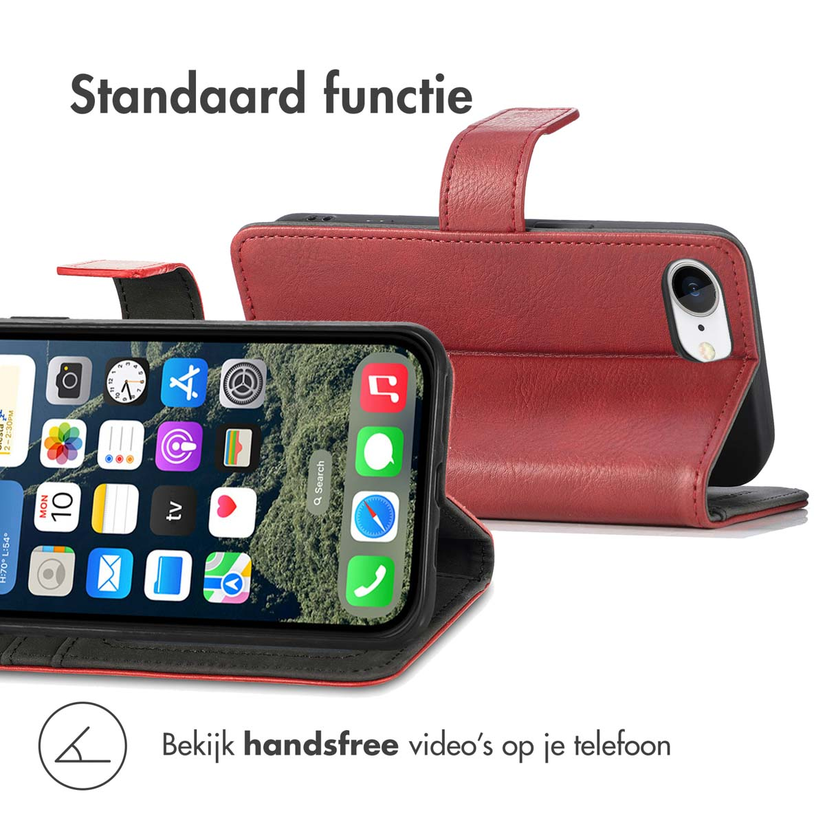 Een smartphone in een rode leren hoes met pictogrammen op het scherm. De hoes is open, het telefoon zichtbaar. Tekst: 'Standaard functie'.