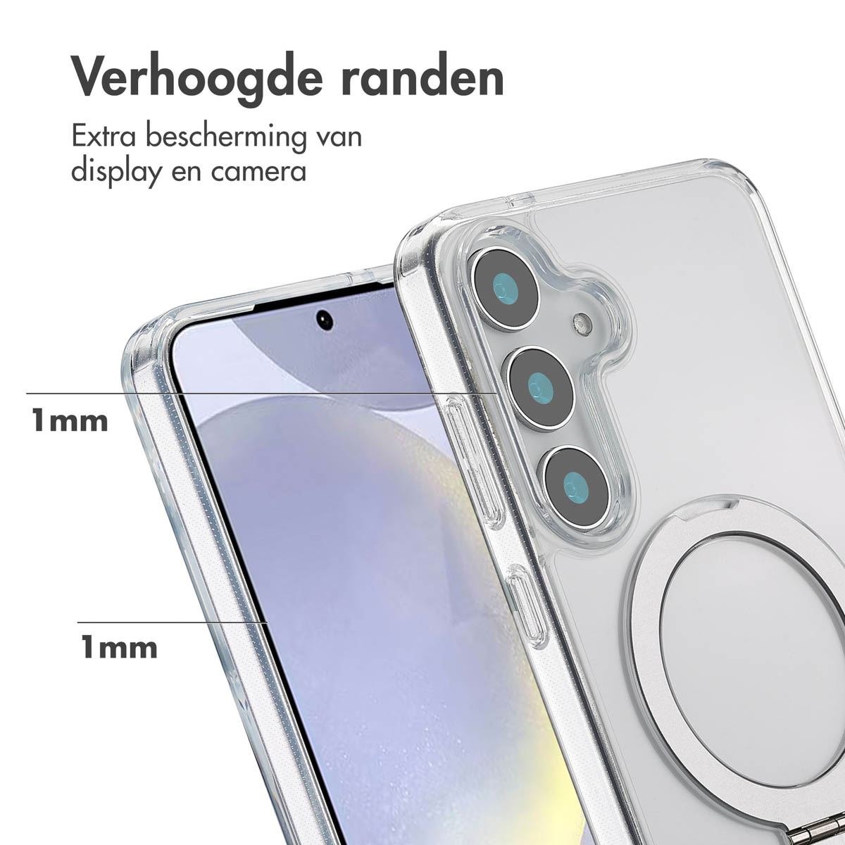 Coque transparente avec bords surélevés autour de l'écran et de la caméra. Bord surélevé de 1 mm visible.