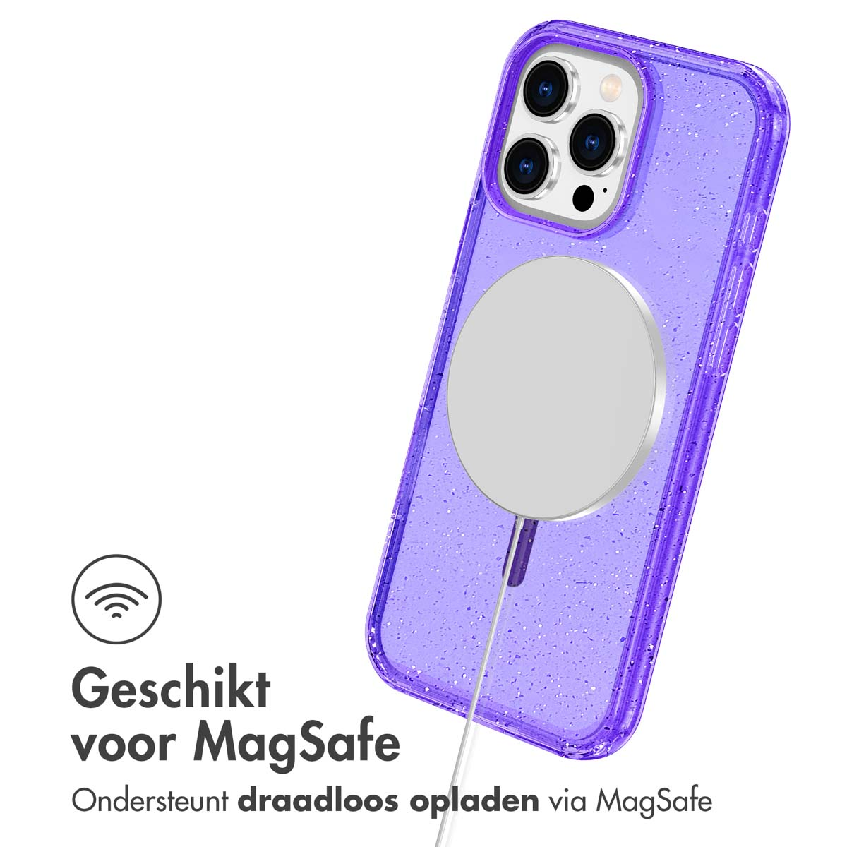 Paarse telefoonhoes met zilveren MagSafe cirkel, met tekst over draadloos opladen.