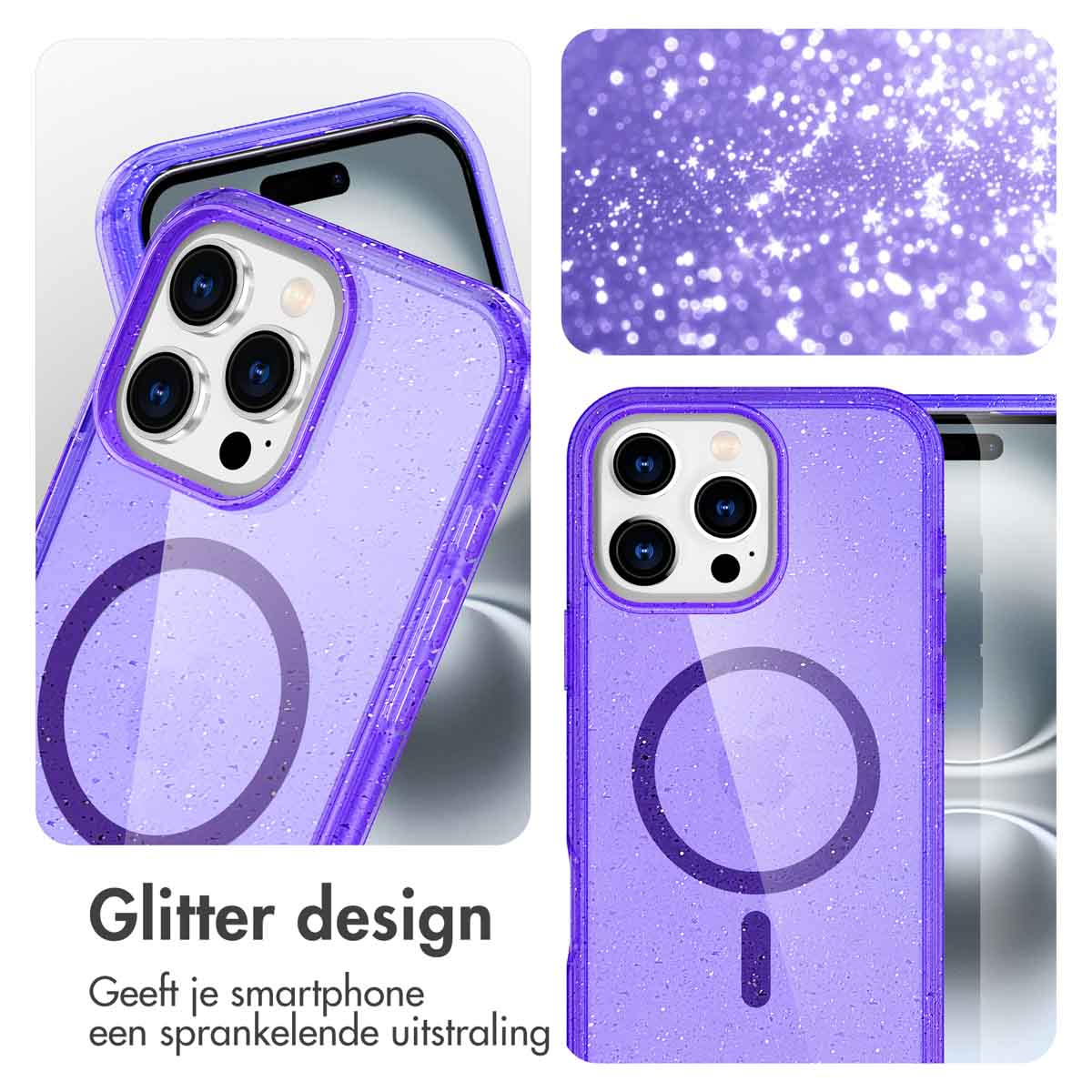 IMOSHION Sparkle Backcover met MagSafe - Geschikt voor Apple iPhone 16 Pro Max - Telefoonhoesje voor Apple iPhone 16 Pro Max Paars