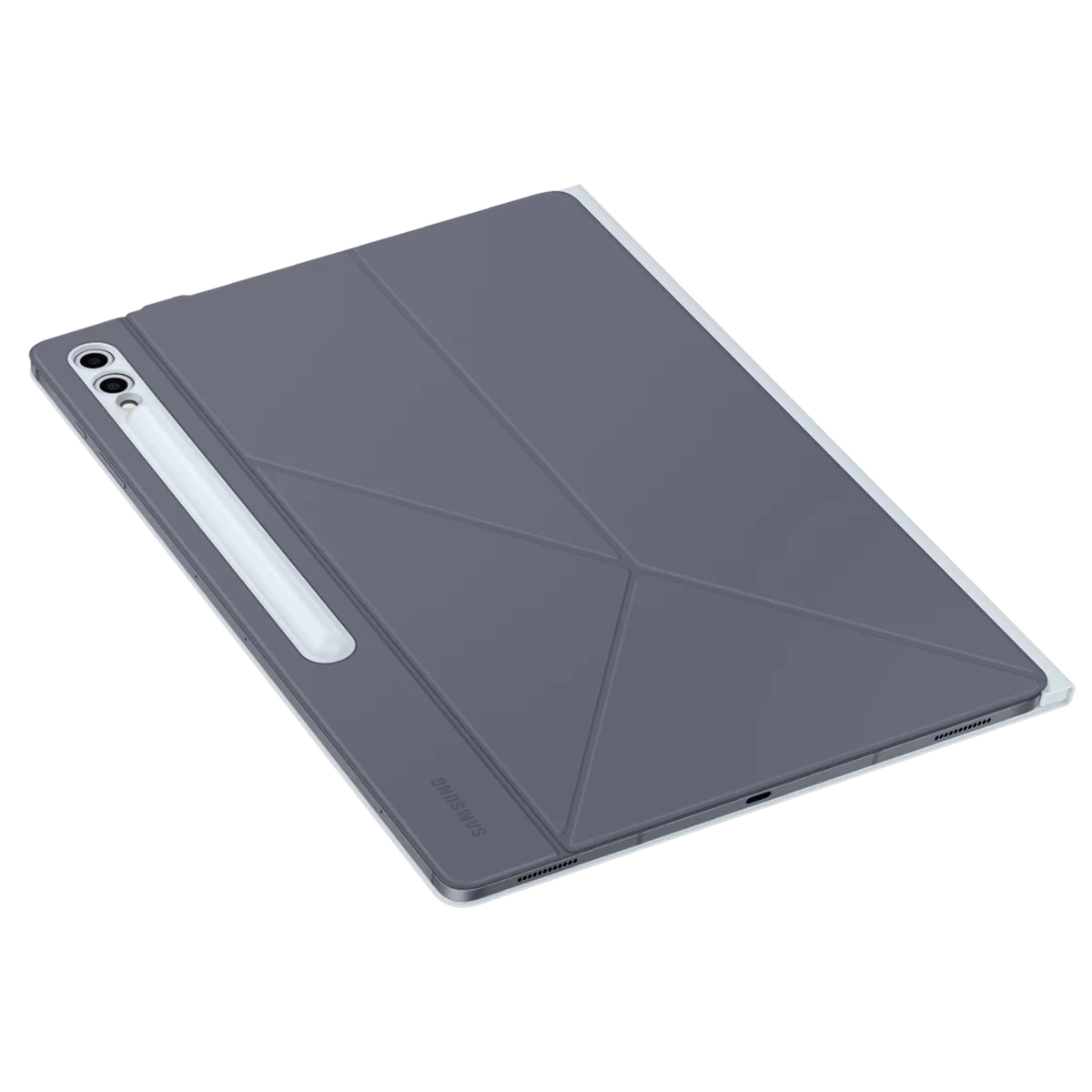 Étui de tablette gris avec un stylet, plié pour l'utilisation.