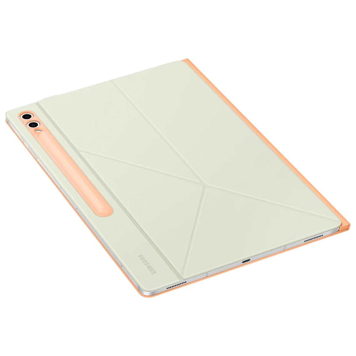 Étui pour tablette. Couverture beige avec bords oranges et un porte-stylet. Design pliable.