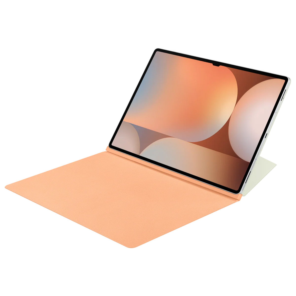 Une tablette avec un étui clavier couleur pêche est ouverte sur fond blanc.