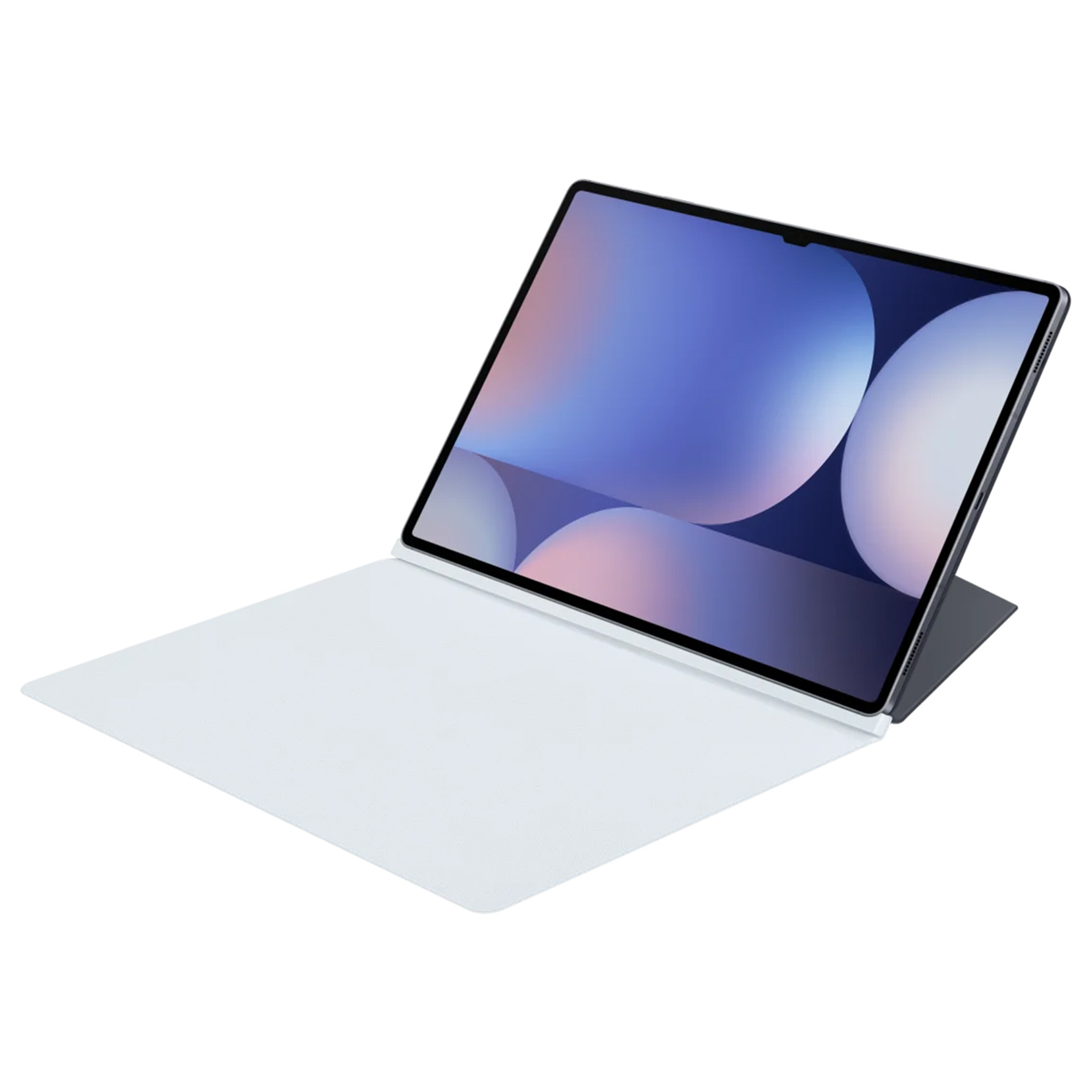 Une tablette blanche avec un écran bleu clair. Le clavier est déplié.