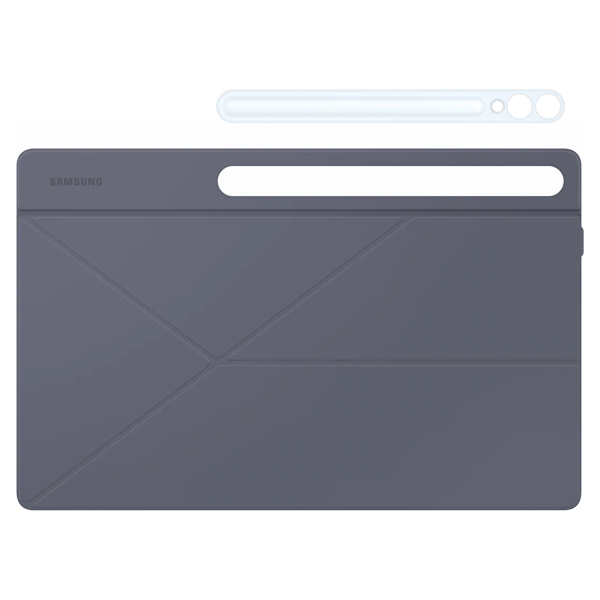 Étui de tablette gris avec stylet blanc, fond blanc.