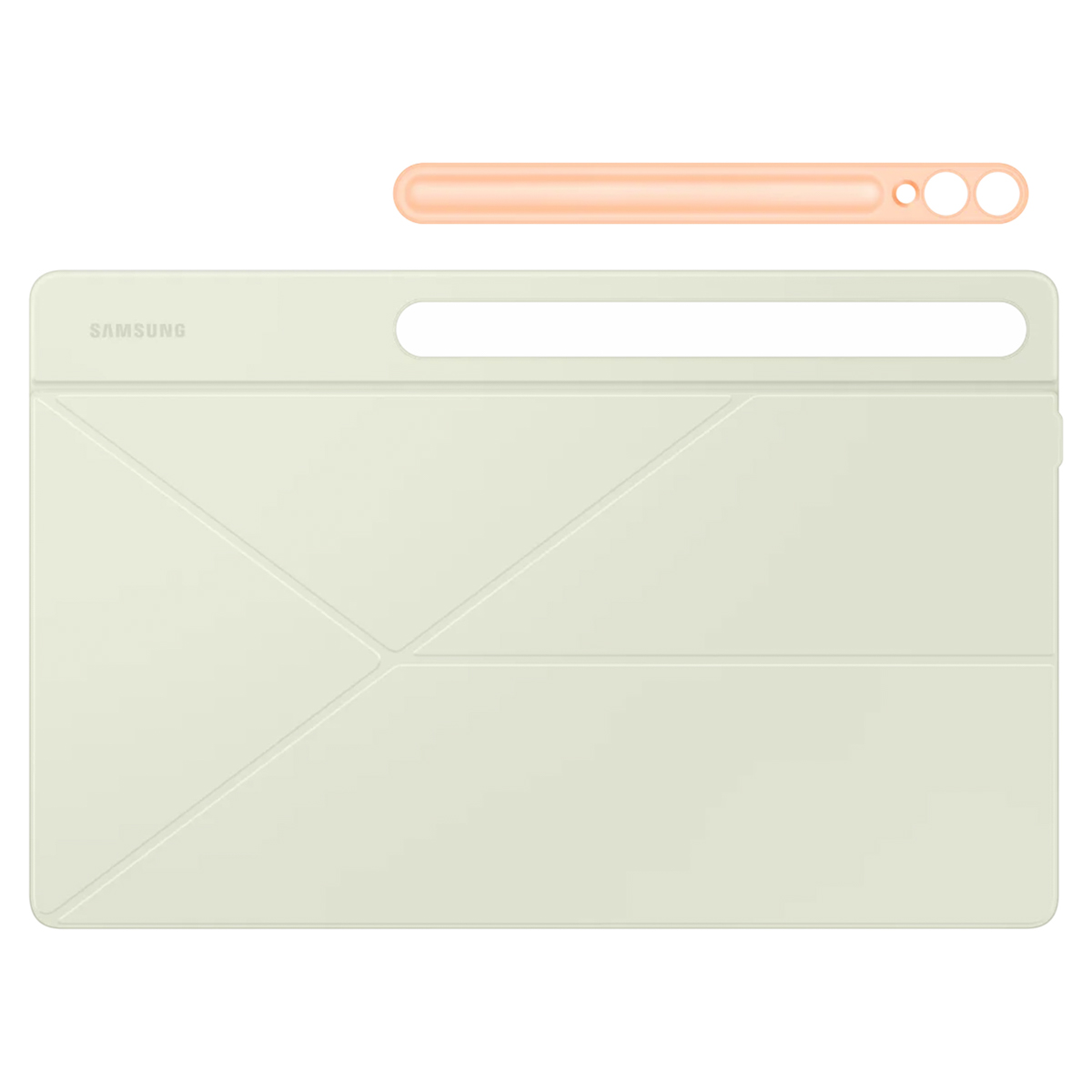 Une tablette blanche et un stylet pêche. La tablette est dans un étui blanc.