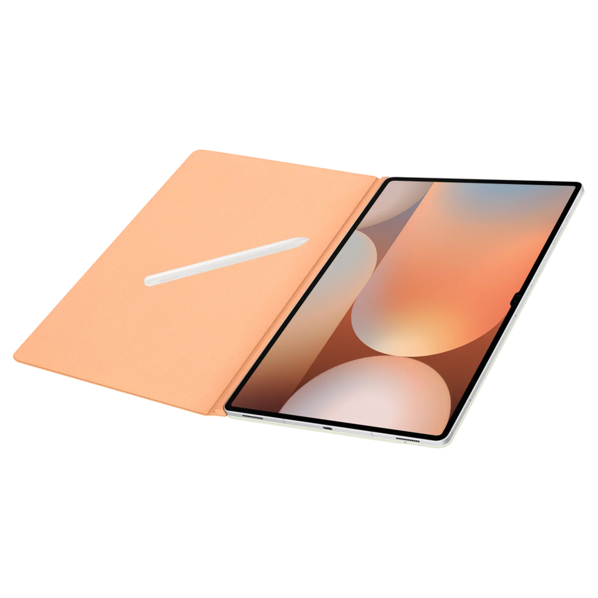 Tablette dans un étui ouvert pêche avec un stylet blanc. L'écran affiche une œuvre numérique.