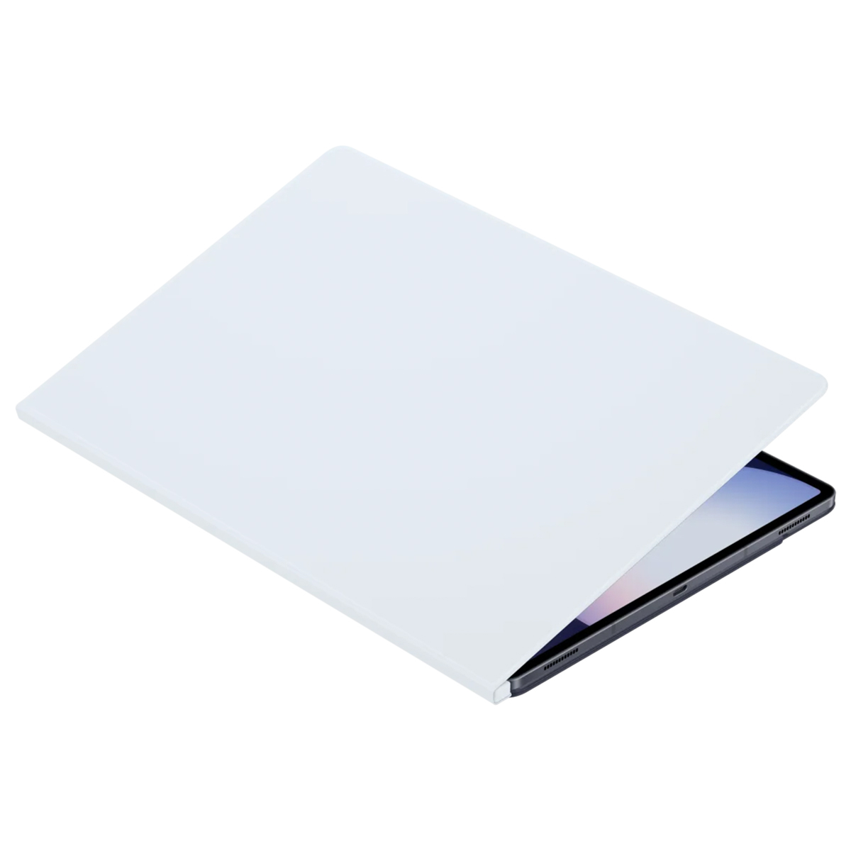 Une tablette blanche avec une couverture blanche. La tablette est légèrement ouverte.