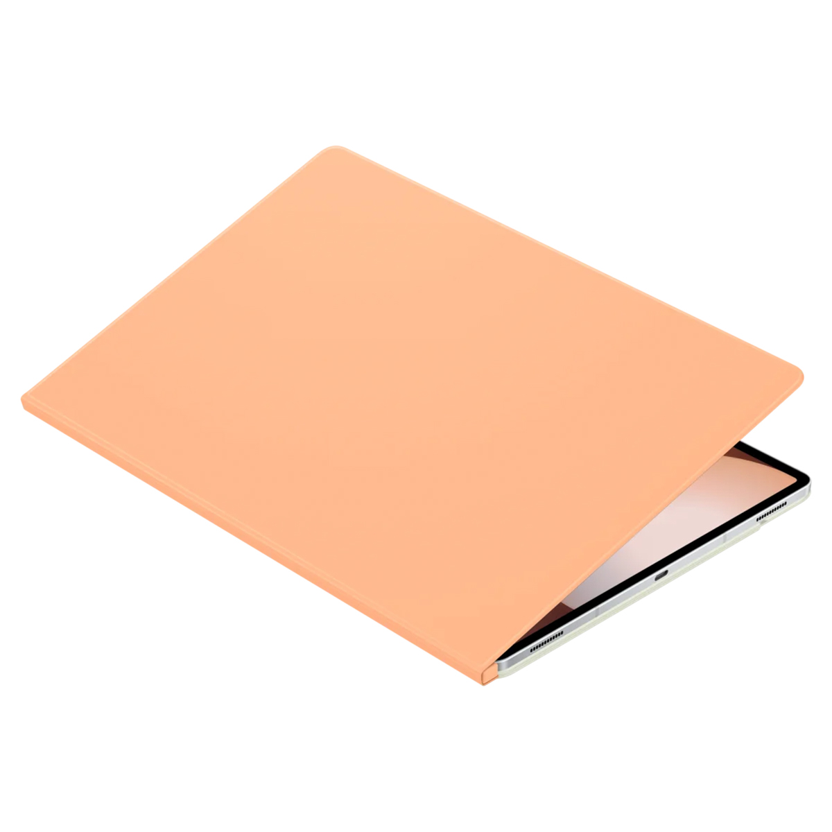 Étui de tablette orange, partiellement ouvert. La tablette est à l'intérieur.