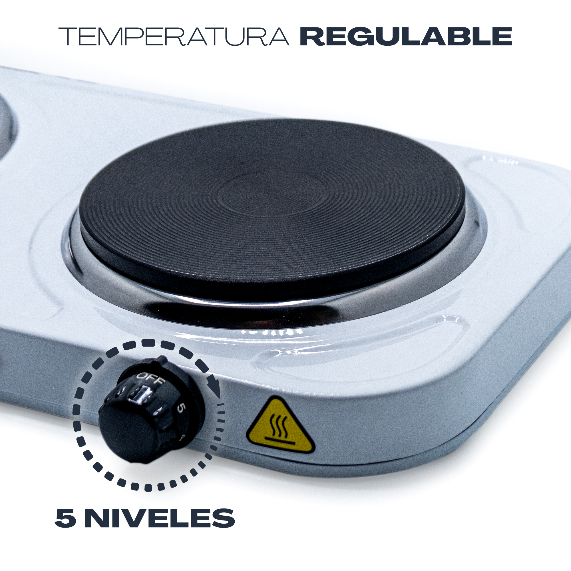 Una estufa eléctrica portátil blanca con dos quemadores y un dial de control de temperatura.