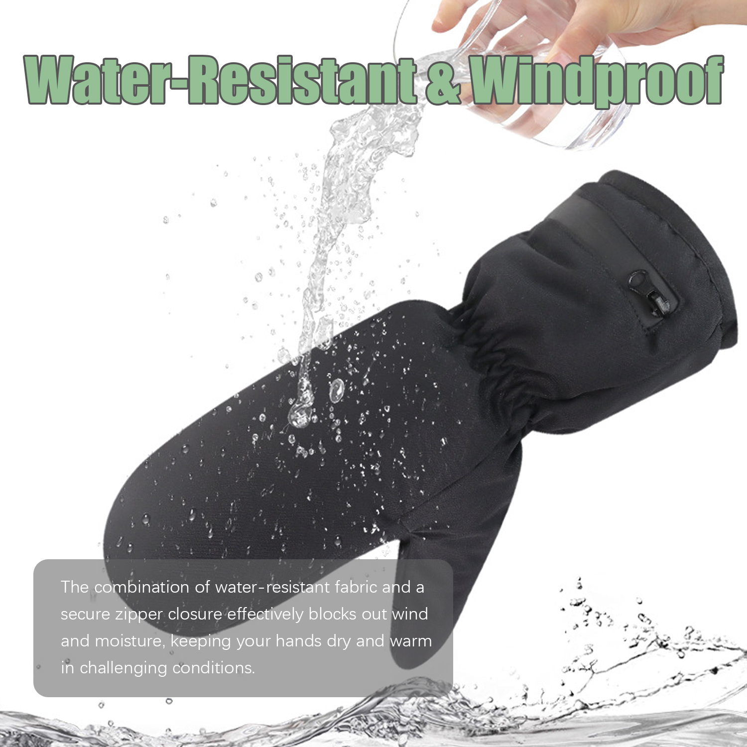 Schwarzer Fäustling mit Wassertropfen und Hand, die Wasser gießt. Text: Wasserabweisend & Winddicht.