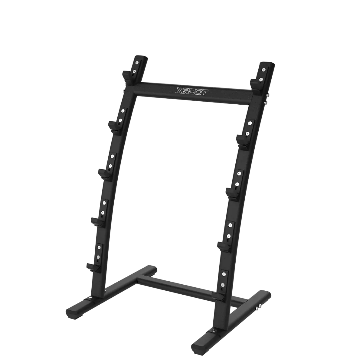 Black weight rack with the brand name XA100T. It has multiple hooks for weights and a black base.