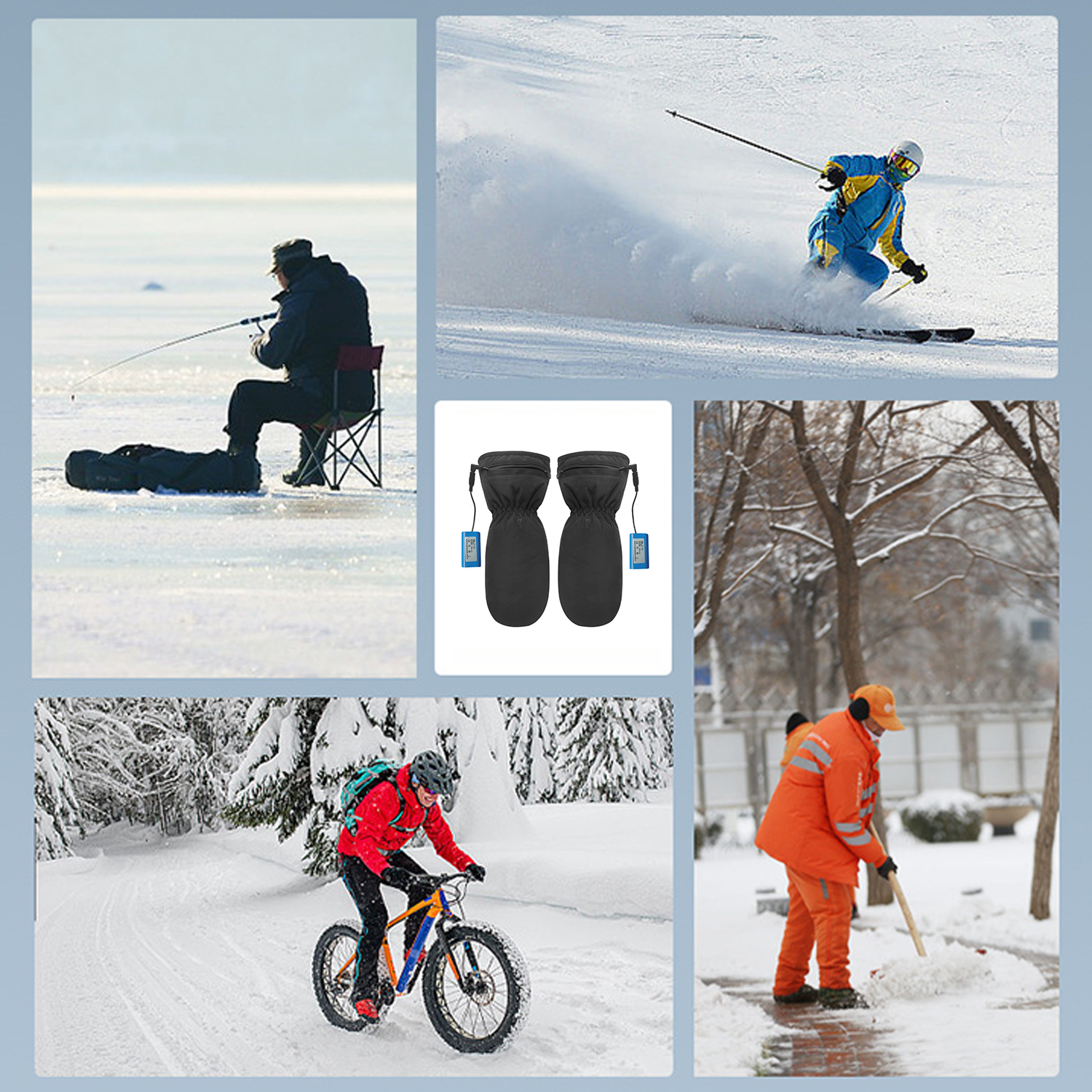 Mehrere Winteraktivitäten: Eisfischen, Skifahren, Radfahren und Schneeschaufeln.