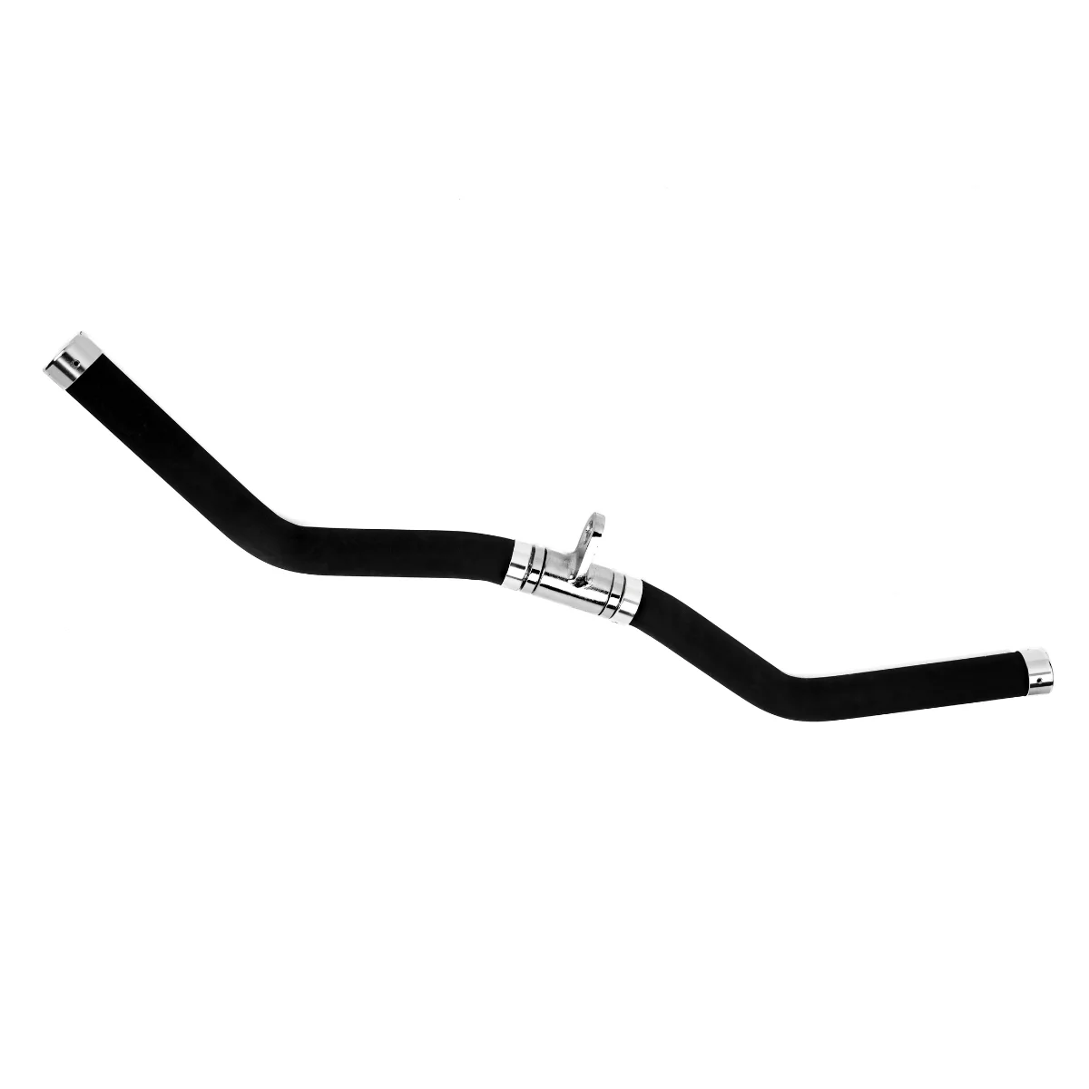 Black, curved weight-lifting bar with rubber grips and a silver central attachment, isolated on white background.