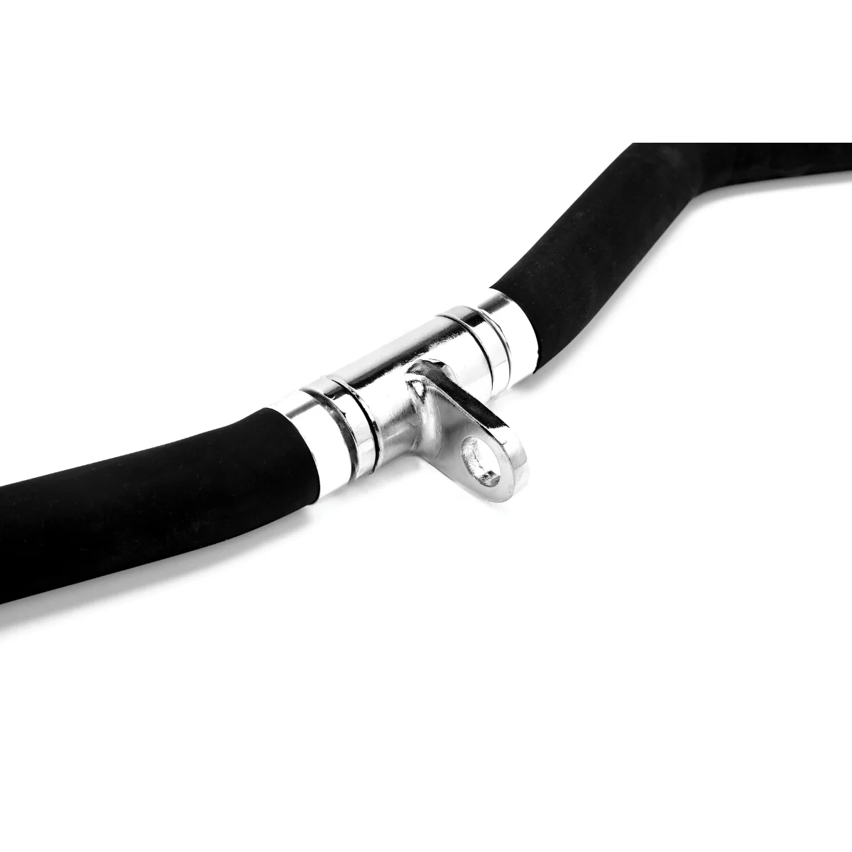 Black, curved bar with silver metal accents and a mounting bracket, against a white background.