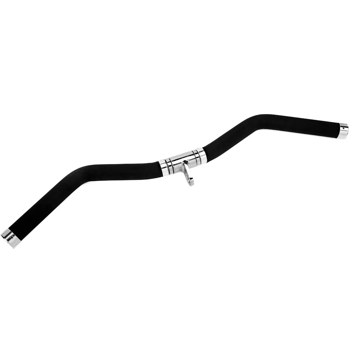 Black and silver lat pulldown bar on a white background.