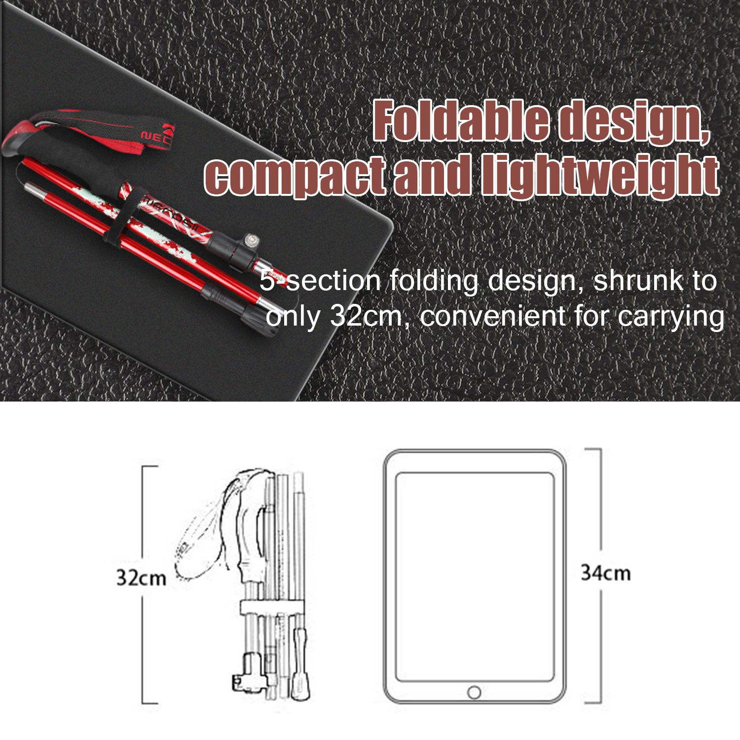 Składane kije trekkingowe, złożone i otwarte, z wymiarami w cm.