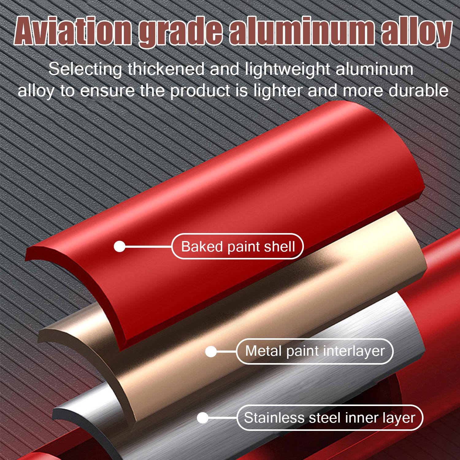 Trzy warstwy metalu. Wierzch czerwony, środek złoty, spód srebrny. Tekst jest widoczny.