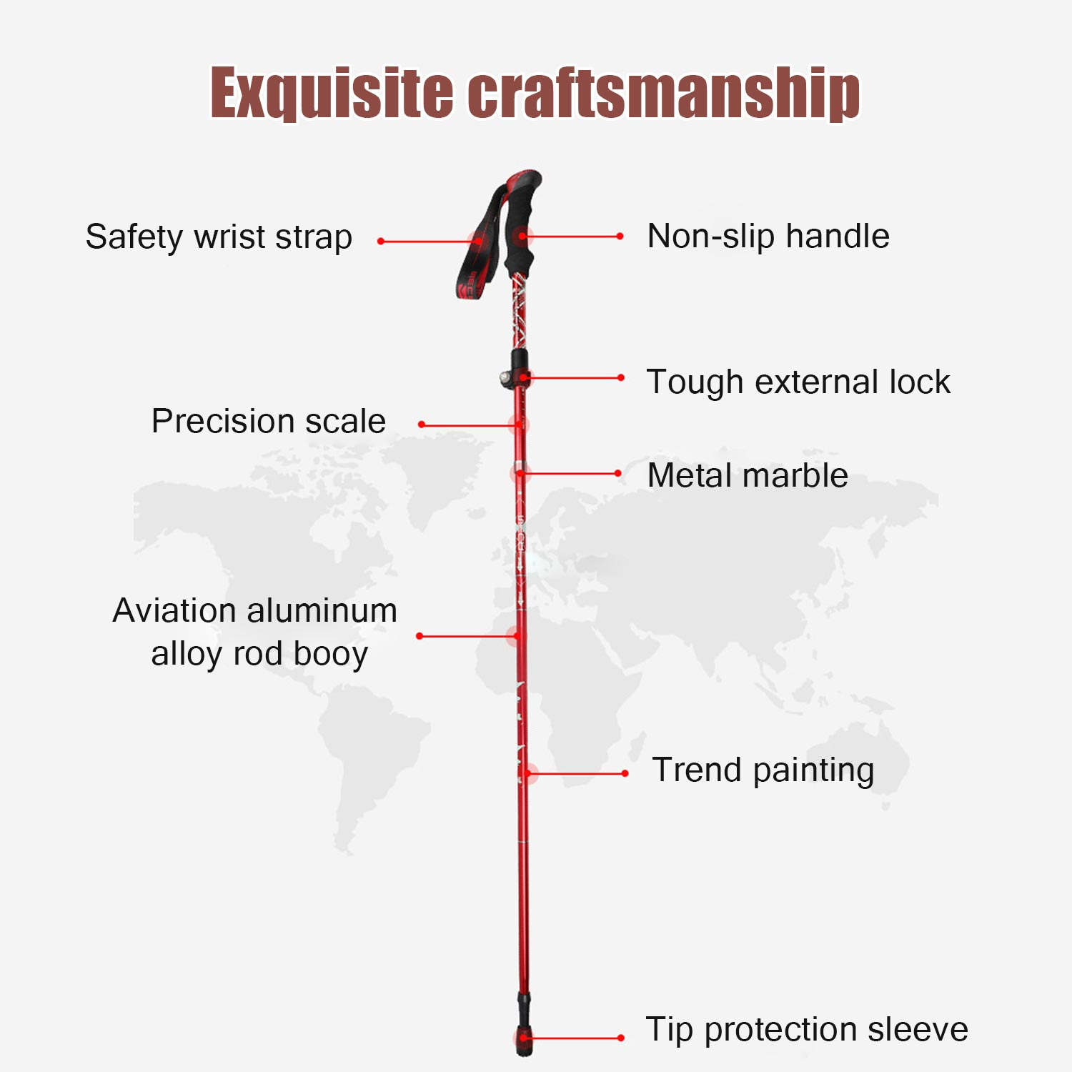 Czerwono-czarny kij trekkingowy z oznaczonymi częściami. Ma uchwyt, pasek na nadgarstek i końcówkę.