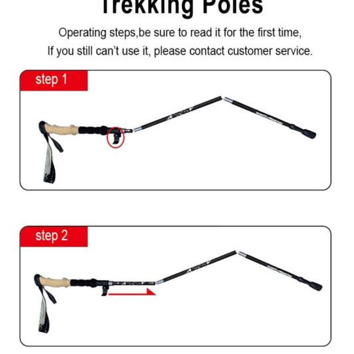 Schemat pokazujący kroki montażu kijków trekkingowych. Kije są czarne, tło białe.
