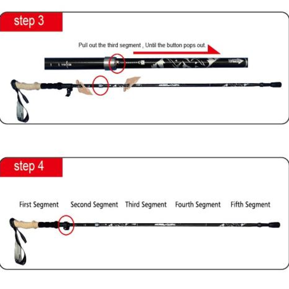 Schemat montażu czarnego kija trekkingowego. Pokazano kroki 3 i 4 procesu.