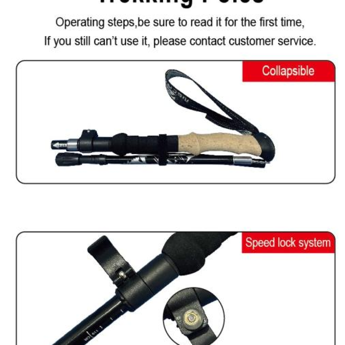 Składane kijki trekkingowe. Jedna para jest w pełni rozłożona, druga złożona. Pokazany system szybkiego blokowania.