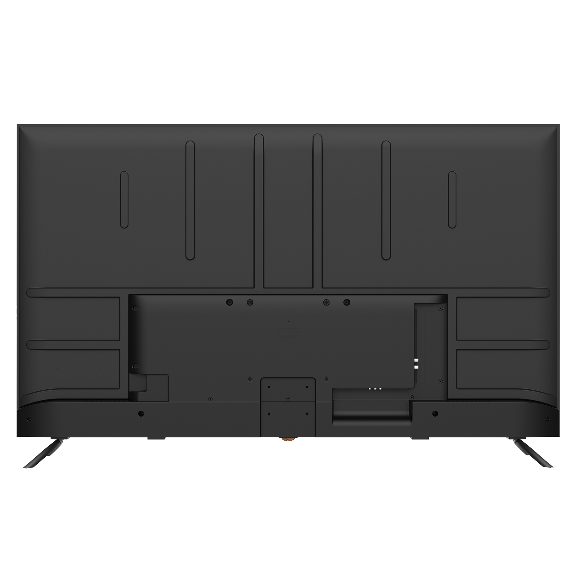 Achteraanzicht van een zwarte flatscreen-tv met een zwarte achtergrond.