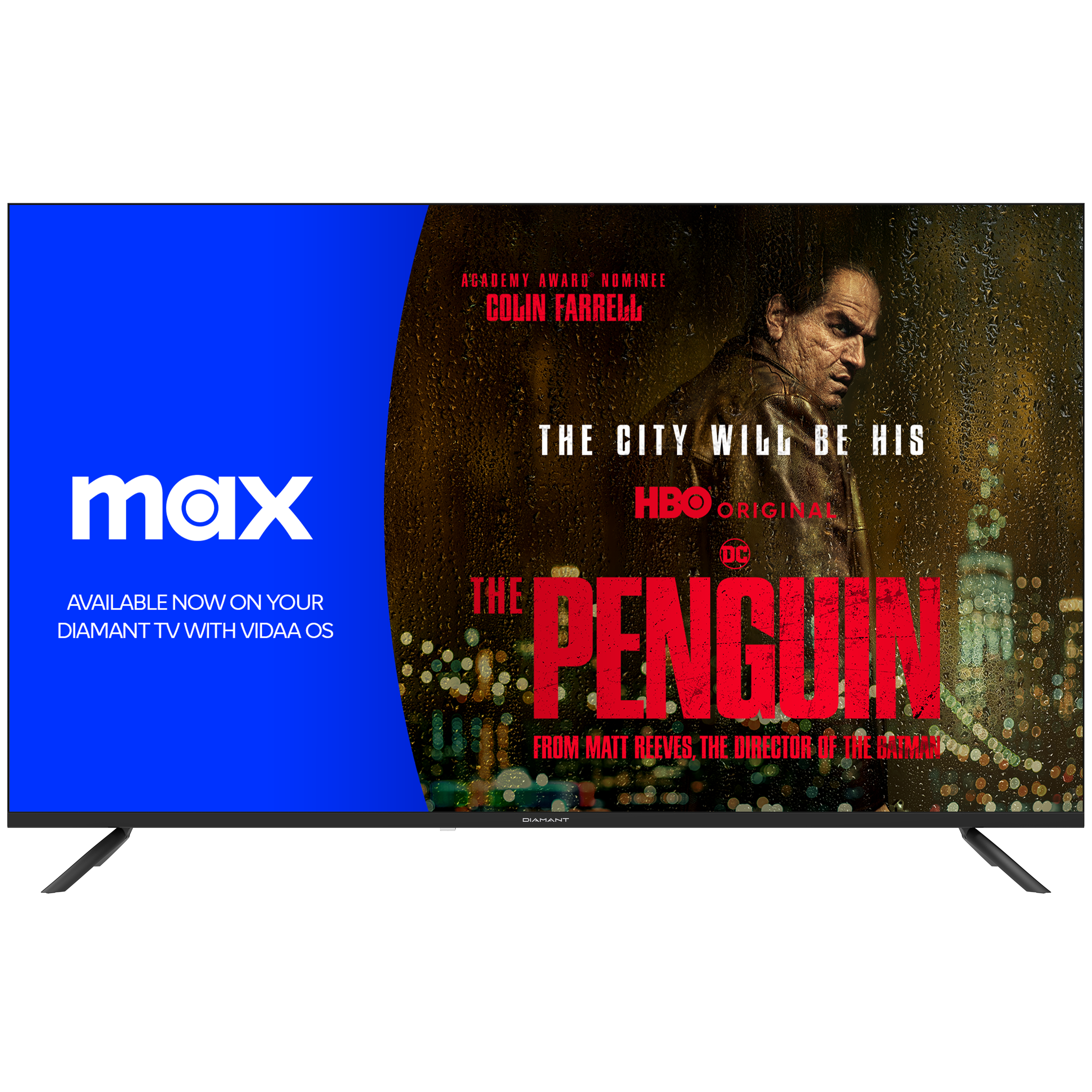Een tv-scherm toont een filmposter voor The Penguin, met het HBO Max-logo.