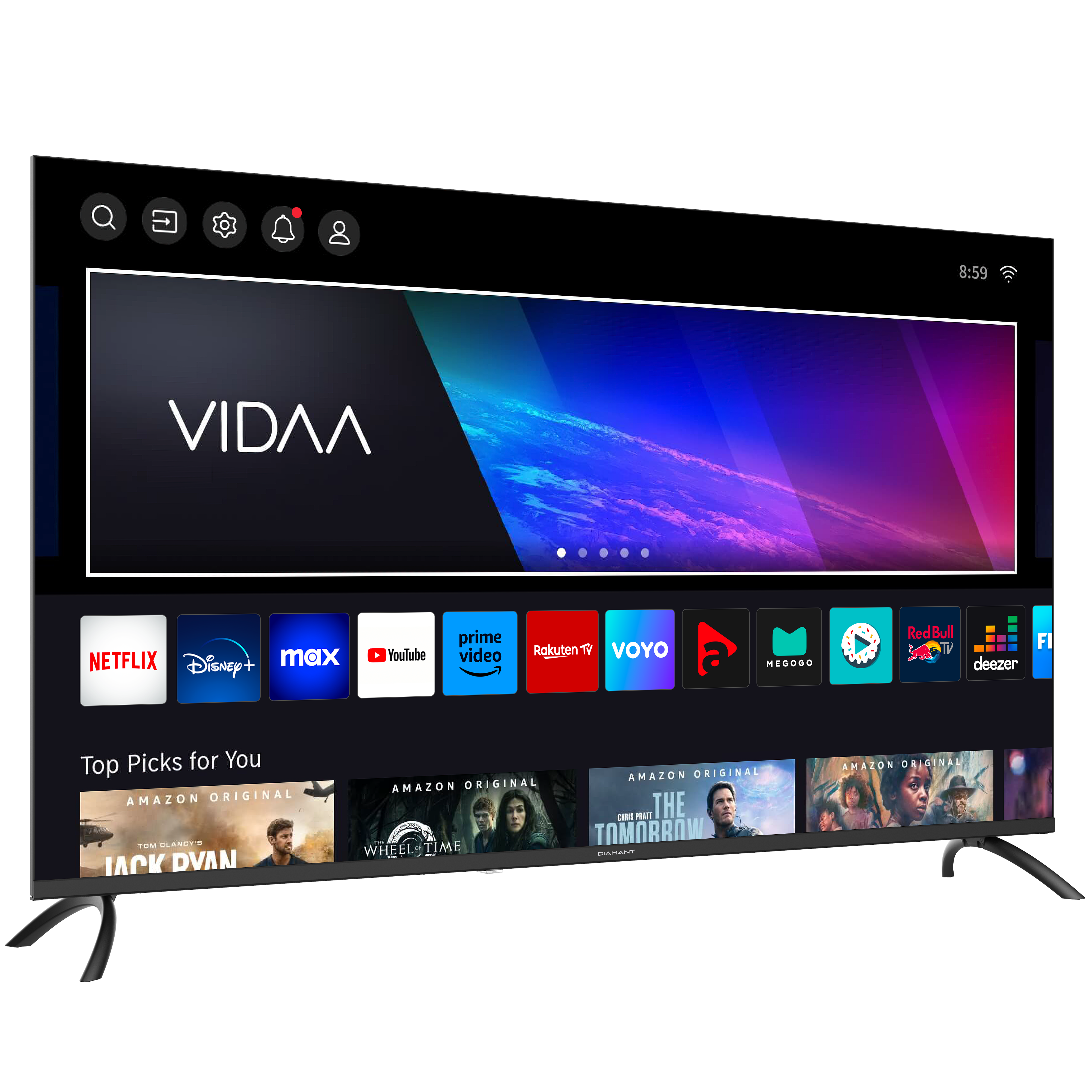 Een modern tv-scherm met het VIDAA-logo, verschillende app-pictogrammen en een sectie met topkeuzes.