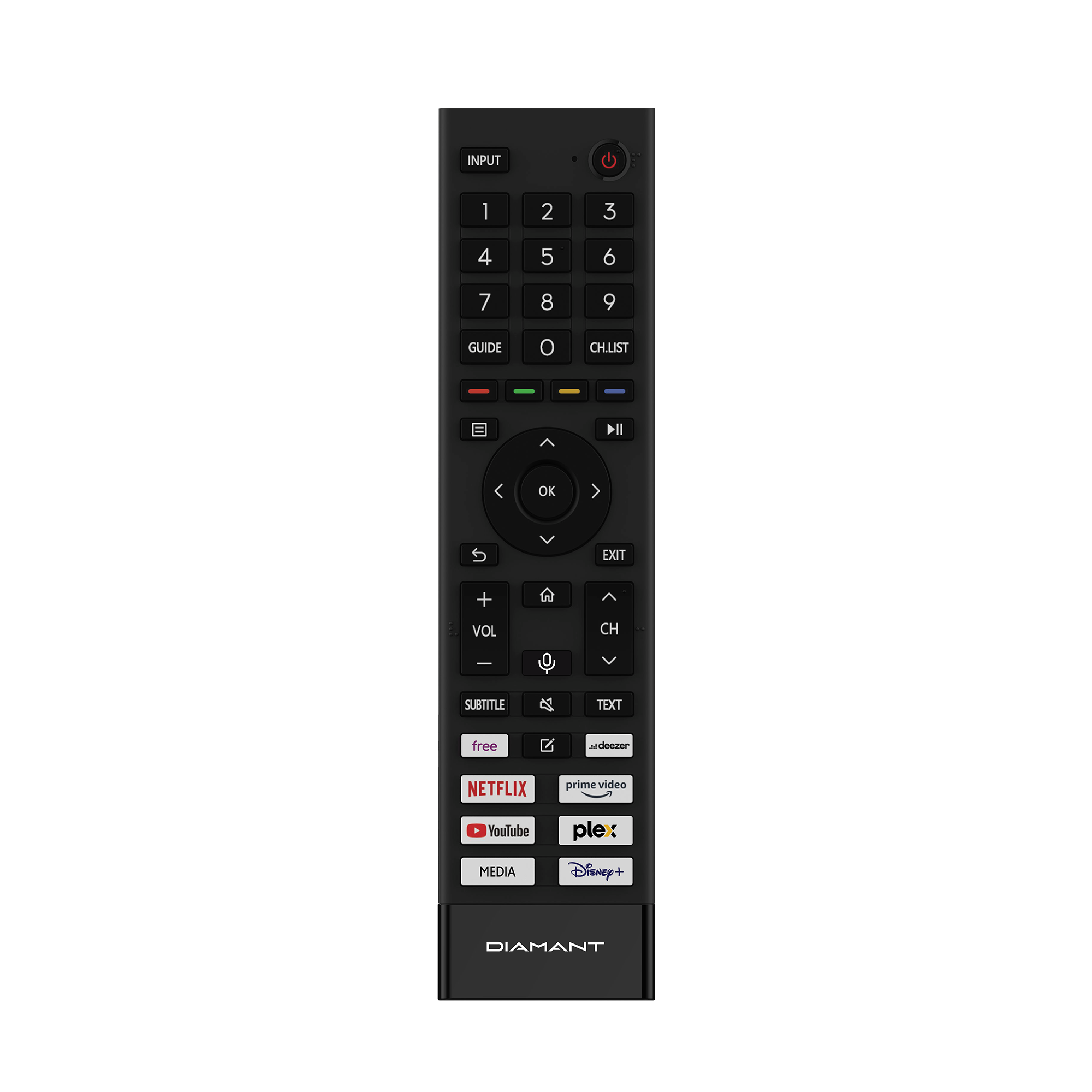 Zwarte tv-afstandsbediening met veel knoppen, inclusief streamingdiensten.