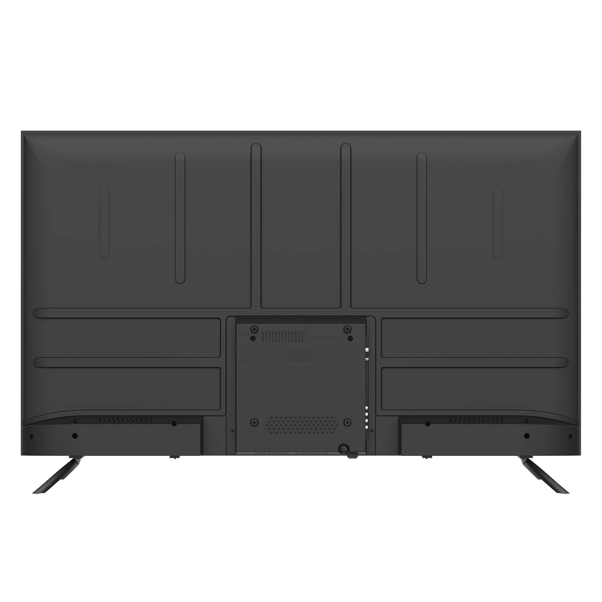 De achterkant van een zwarte flatscreen-televisie met verschillende poorten en een standaard.