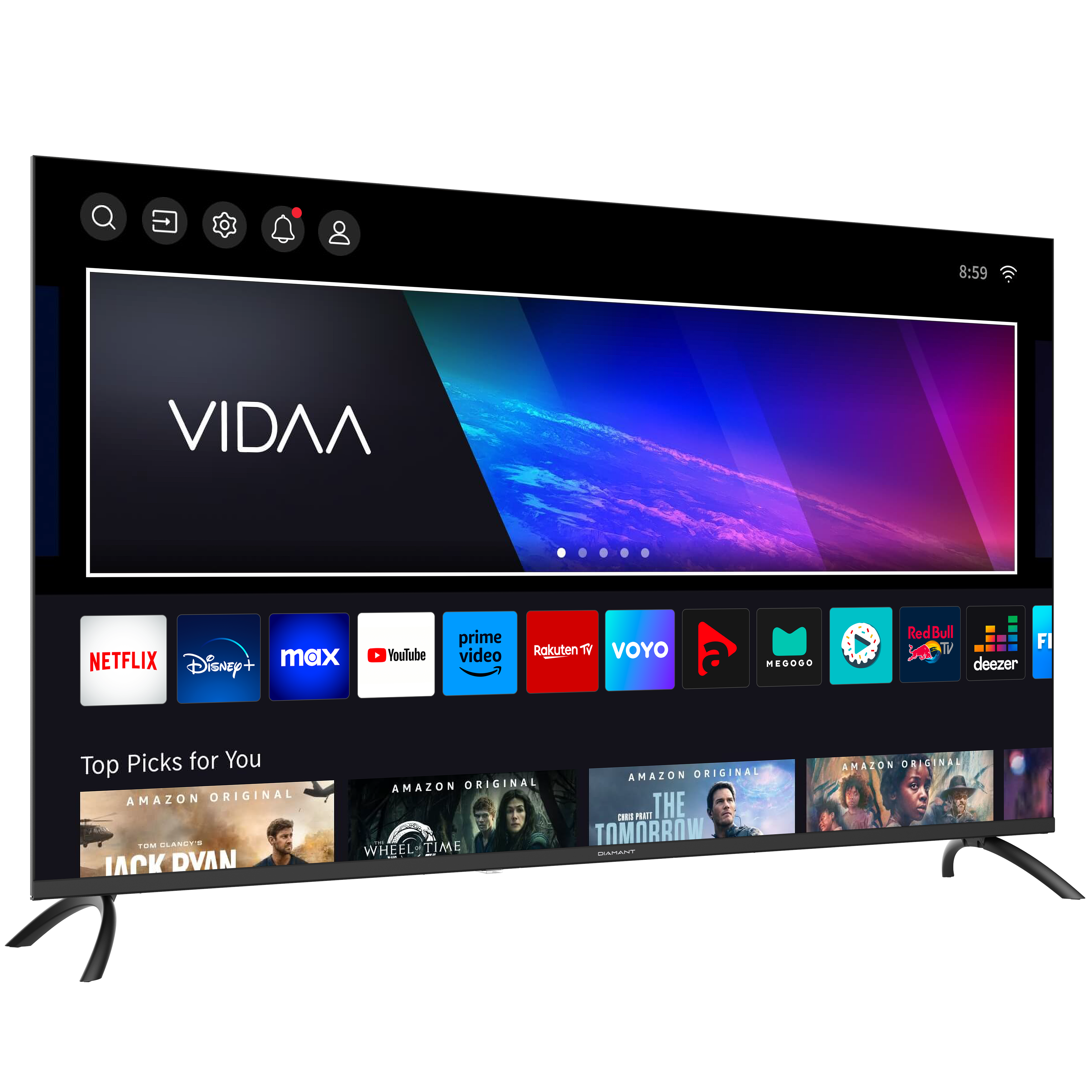 Een grote zwarte tv die een smart tv-interface met verschillende apps weergeeft.
