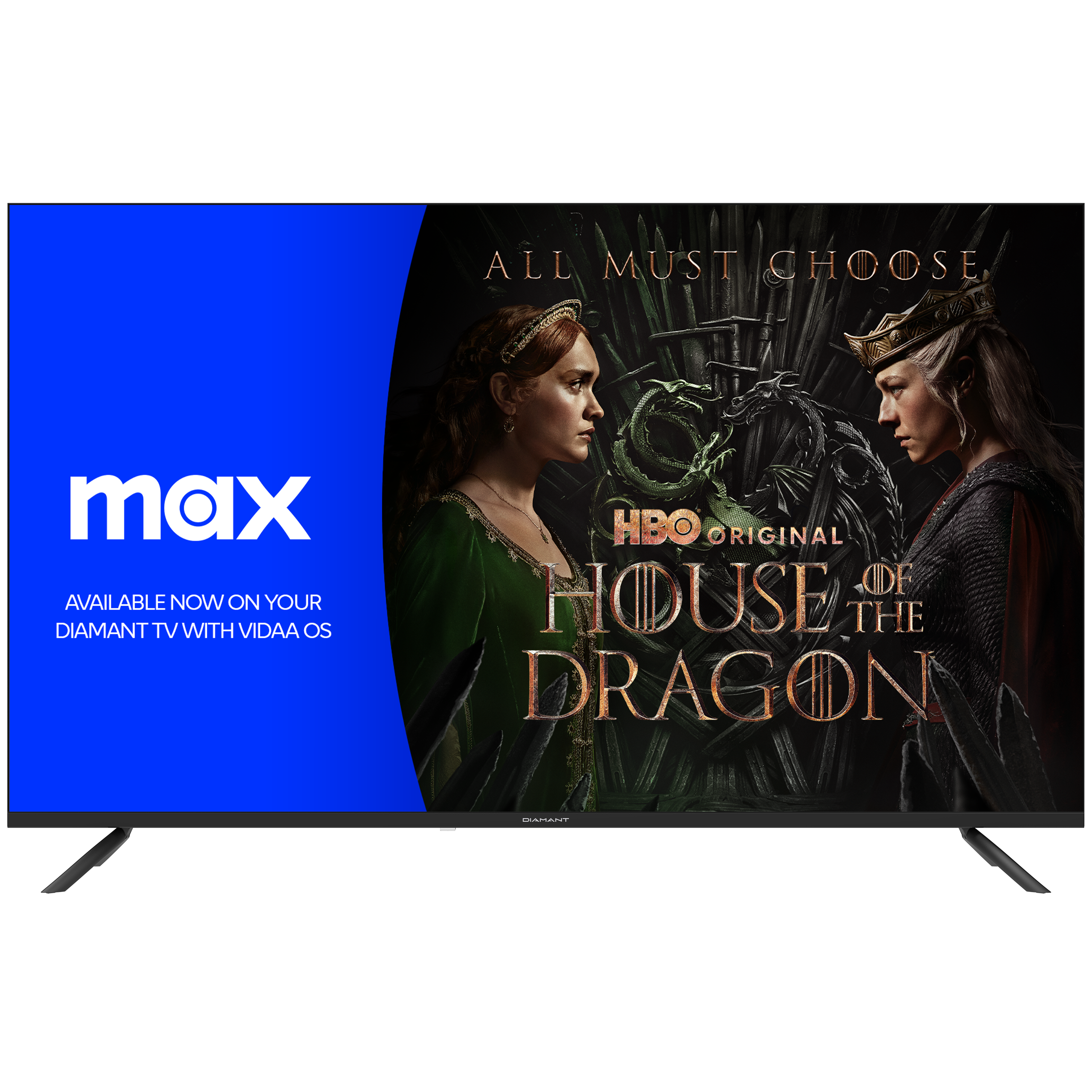Een tv-scherm met een advertentie voor een programma, met het HBO Max logo in de hoek.